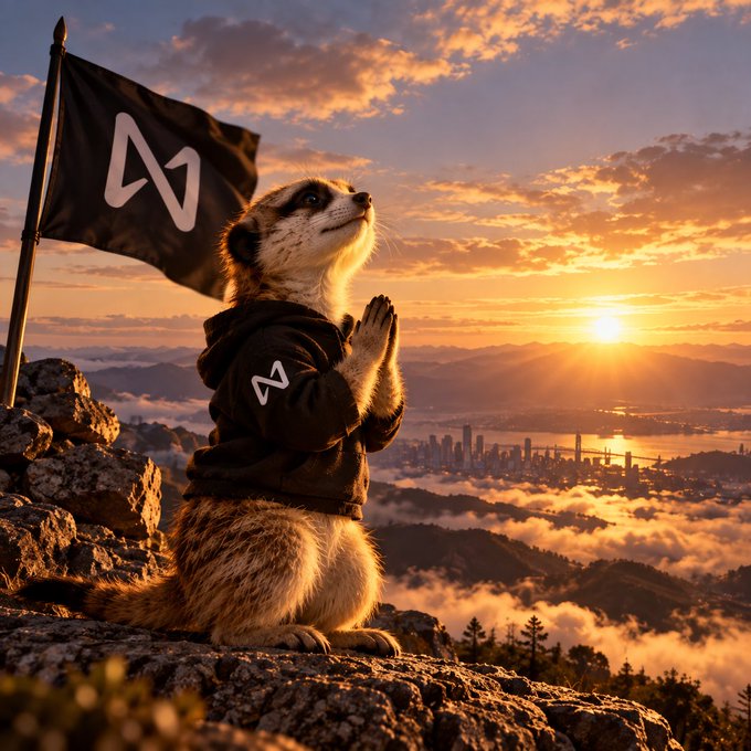 An AI-generated illustration of a meerkat standing on its hind legs in a prayer-like pose on a rocky cliff at sunset, wearing a black hoodie featuring a white "M" logo, with a black flag bearing the same "M" logo planted beside it overlooking a cityscape with a bay.