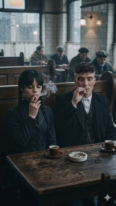 A young woman with long braided black hair and a man in a dark suit sit at a wooden pub table, both smoking cigarettes beside cups of tea and a shared ashtray, while other patrons sit in the background. The moody, dimly lit scene of quiet midweek companionship fits the post's casual greeting, capturing a relaxed Wednesday moment between friends.