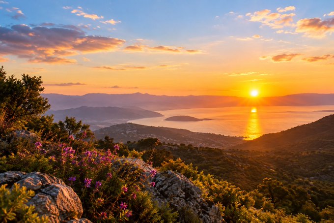 A scenic sunset over a coastal landscape, with the sun low on the horizon reflecting on the sea, mountains in the distance, and pink wildflowers blooming among rocky terrain in the foreground.