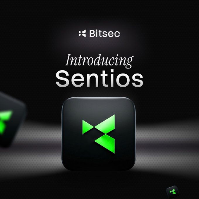 A promotional graphic for Bitsec introducing 'Sentios' with a dark 3D-rendered app icon featuring a green hourglass-like logo design.