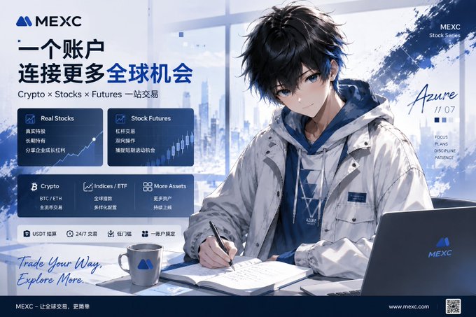MEXC cryptocurrency exchange advertisement featuring an anime-style young man writing in a notebook with a laptop, promoting 'Crypto x Stocks x Futures' trading in Chinese text.