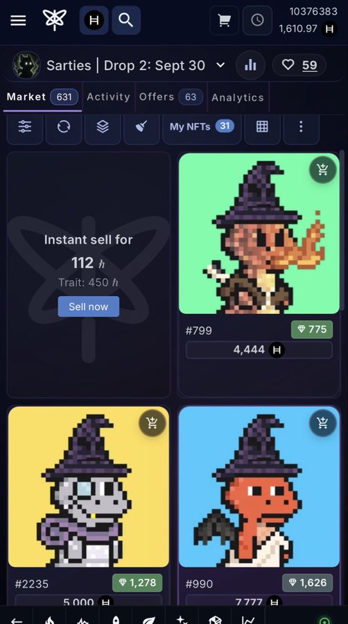 A screenshot of a crypto NFT marketplace showing pixel art character NFTs from 'Sarties | Drop 2: Sept 30' with prices in H currency, including an instant sell option for 112 H with a 450 H trait.