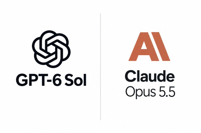 Comparison graphic showing logos for 'GPT-6 Sol' (OpenAI) on the left and 'AI Claude Opus 5.5' on the right.