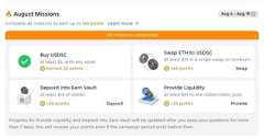 An Augur Missions interface showing completed missions including 'Buy USDC', 'Swap ETH to USDC', 'Deposit into Earn Vault', and 'Provide Liquidity'.