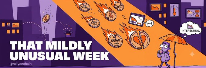 A cartoon banner titled 'THAT MILDLY UNUSUAL WEEK' by @rallyonchain showing falling coins and a person with an umbrella saying 'INTERESTING.'