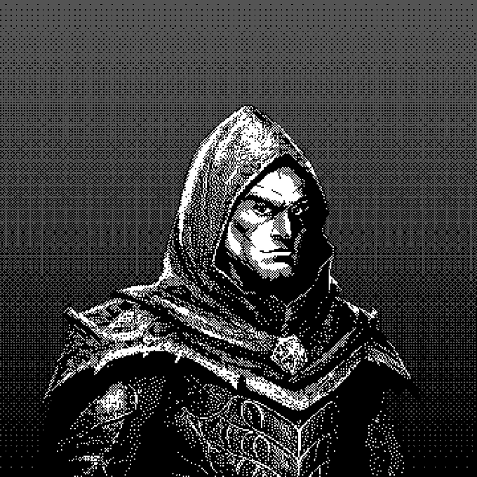 A pixel art black and white portrait of a hooded warrior or assassin character with a stern expression, set against a dotted gradient background.