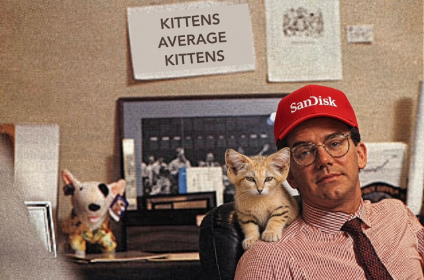 A man wearing a red SanDisk cap and glasses sits at an office desk holding a small kitten, with a sign reading 'KITTENS AVERAGE KITTENS' on the wall behind him.