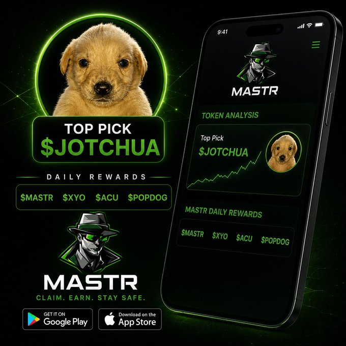 A promotional advertisement for the 'MASTR' app featuring a golden retriever puppy as the 'Top Pick $JOTCHUA' token, displayed alongside a smartphone showing the app interface.