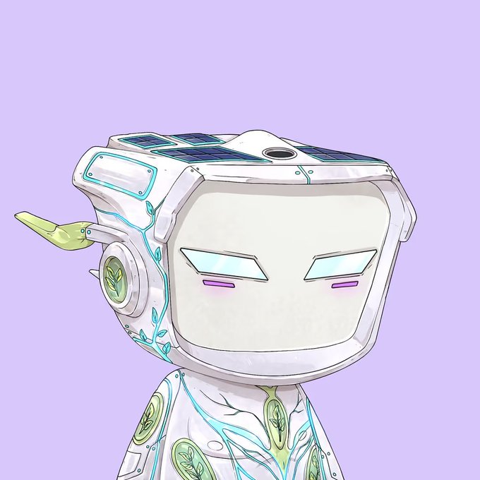 An illustration of a white, boxy robot character with glowing cyan eyes and pink blush marks, featuring solar panels on top and green vine-like patterns on its body against a light purple background.
