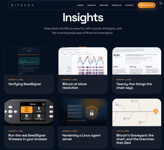A webpage from Bitsaga displaying an 'Insights' section with articles on Bitcoin security topics like 'Verifying SeedSigner', 'Bitcoin at block resolution', and 'Hardening a Linux agent server'.
