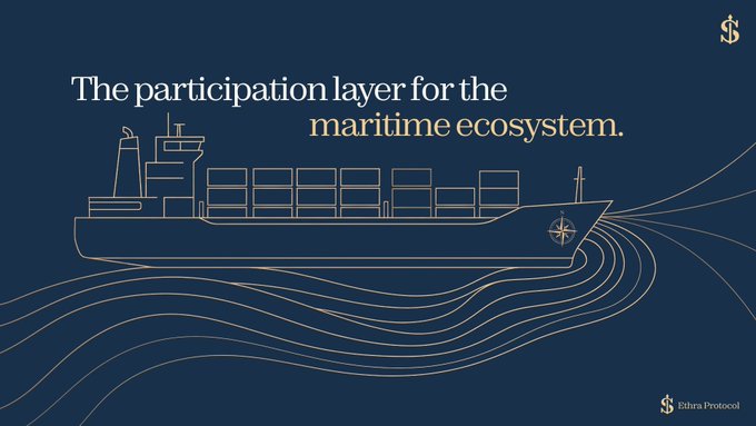 A navy blue promotional graphic with gold line art depicting a cargo ship on waves, reading 'The participation layer for the maritime ecosystem' and featuring the Sihra Protocol logo.