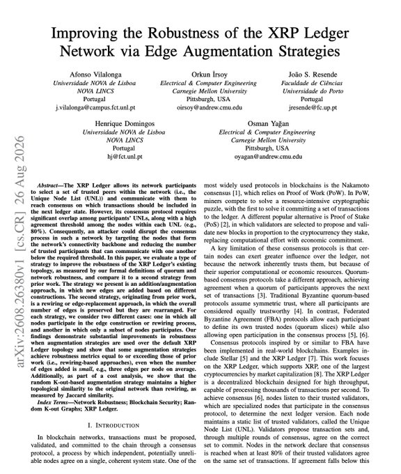 The first page of an academic paper titled 'Improving the Robustness of the XRP Ledger Network via Edge Augmentation Strategies' by Afonso Vilalonga, Orku Iyoy, João S. Resende, Henrique Domingos, and Osman Yağan, dated 26 Aug 2024.