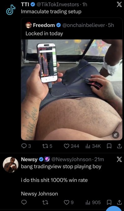 A TikTok screenshot from TTI @TikTokInvestors showing a post captioned "Immaculate trading setup" with an image of someone holding a phone displaying a chart while using a laptop on their lap.