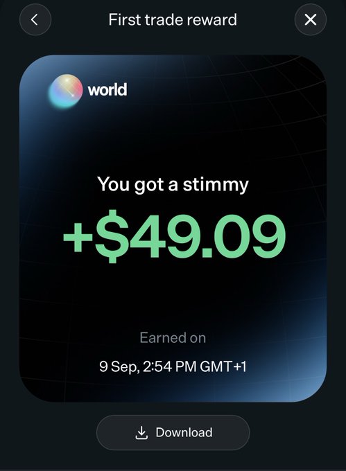 A mobile screen displays a "First trade reward" notification from "world," showing a "stimmy" of +$49.09 earned on 9 Sep, 2:54 PM GMT+1, confirming the promotional claim of receiving free money after trading a small amount. The image serves as proof of the referral reward, with a download option at the bottom.