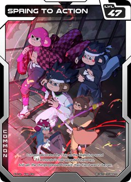A trading card titled 'SPRING TO ACTION' (EVR #47, 2023) depicting anime-style characters in an action scene with dialogue text about getting fed up with bullying.