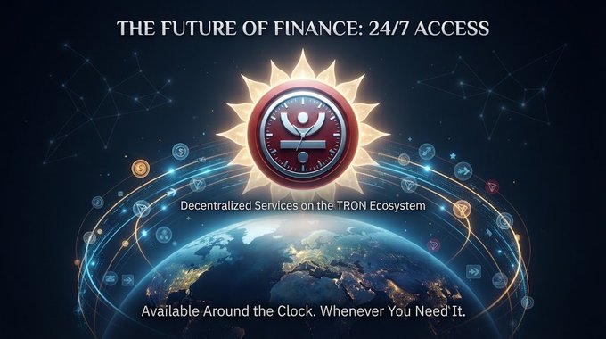 A promotional graphic titled 'THE FUTURE OF FINANCE: 24/7 ACCESS' showing a glowing emblem with a TRON logo, the text 'Decentralized Services on the TRON Ecosystem', and 'Available Around the Clock. Whenever You Need It.' over an image of Earth.