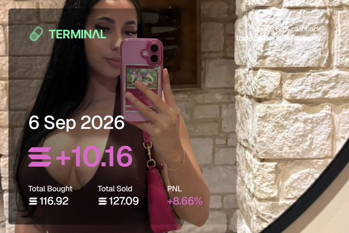 An overlay for 'TERMINAL' shows a date of '6 Sep 2026', a PNL of '+10.16 (+8.66%)', and Total Bought/Sold figures, superimposed on a mirror selfie of a woman holding a pink phone case.