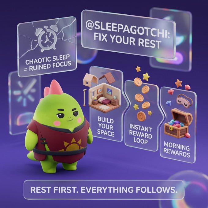 A promotional graphic for @SLEEPAGOTCHI featuring a green cartoon character in samurai-style armor, with text panels reading 'CHAOTIC SLEEP = RUINED FOCUS', 'BUILD YOUR SPACE', 'INSTANT REWARD LOOP', 'MORNING REWARDS', and 'REST FIRST. EVERYTHING FOLLOWS.'