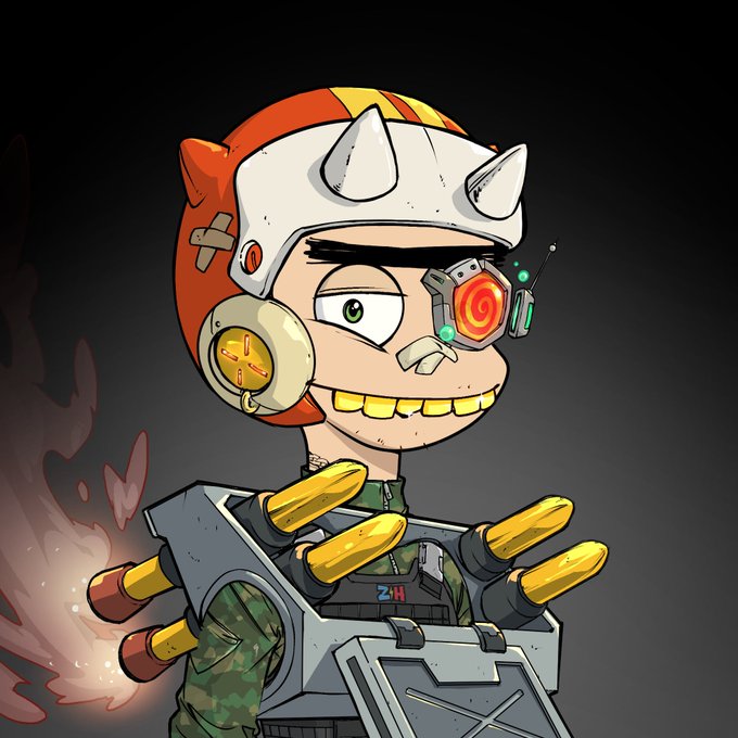 An illustration of a cartoonish character wearing an orange and white horned helmet, a targeting eyepiece with a glowing red spiral, and gold finger armor.