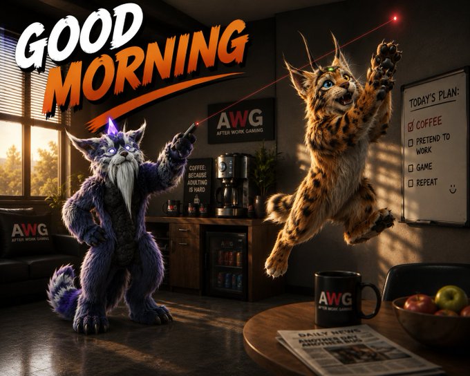 A 'GOOD MORNING' graphic showing a purple furry monster and a lynx cat playing with a red laser pointer in a living room, with 'AWG AFTER WORK GAMING' branding, a coffee bar, and a whiteboard listing 'COFFEE, PRETEND TO WORK, GAME, REPEAT.'