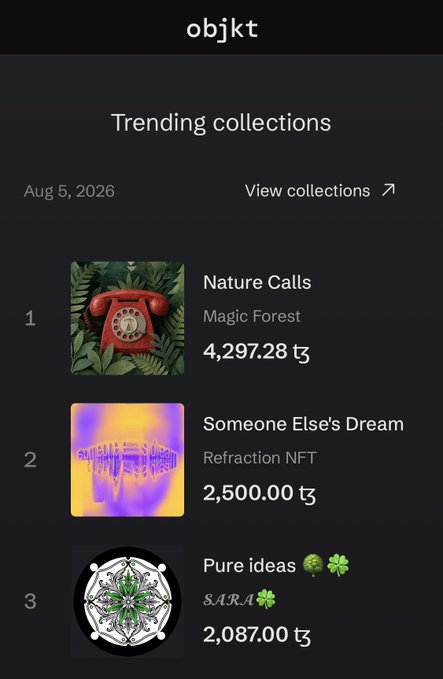 A screenshot of the 'objkt' website showing 'Trending collections' as of Aug 5, 2026, listing 'Nature Calls' by Magic Forest at 4,297.28 tz, 'Someone Else's Dream' at 2,500.00 tz, and 'Pure ideas' by SARA at 2,087.00 tz.