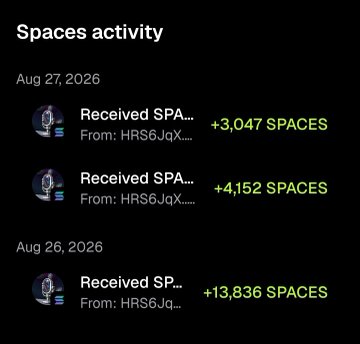 A mobile screenshot of 'Spaces activity' showing received SPACES amounts (+3,047, +4,152, and +13,836) from HRS6JqX on August 26-27, 2026.