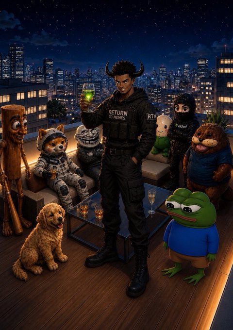 A digital illustration shows a horned anime-style character in tactical 'RETURN TO MEMES' gear holding a glowing green drink on a rooftop terrace at night, surrounded by various NFT characters including a Shiba Inu, Pepe frog, teddy bear, and other collectible mascots against a city skyline.