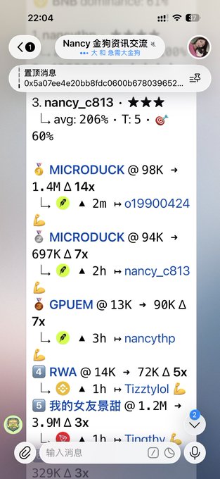 A screenshot of a Chinese messaging app chat titled 'Nancy 金狗资讯交流群' displaying crypto trading data, including 'MICRODUCK', 'GPUEM', and 'RWA' token updates.
