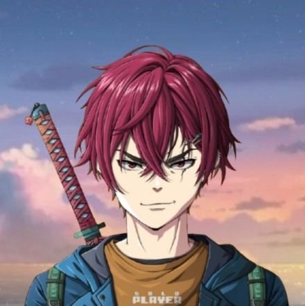 An anime-style male character with red hair and a confident smirk, carrying a katana on his back, stands against a twilight sky. The word "PLAYER" is visible on his orange shirt, reflecting the gaming-focused post about exploring various blockchain games on Enjin's ecosystem.