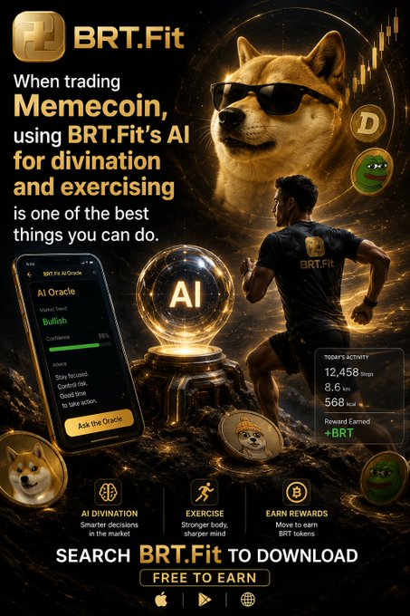 A promotional ad for BRT.Fit features a Shiba Inu dog wearing sunglasses alongside a fitness-focused man, with the headline "When trading Memecoin, using BRT.Fit's AI for divination and exercising is one of the best things you can do." The image showcases app interface details showing "AI Oracle" with bullish sentiment at 55% and today's activity metrics of "12,458 Steps, 8.6 Km, 568 kcal, Reward Earned +BRT," promoting the integration of AI divination, exercise, and crypto rewards.