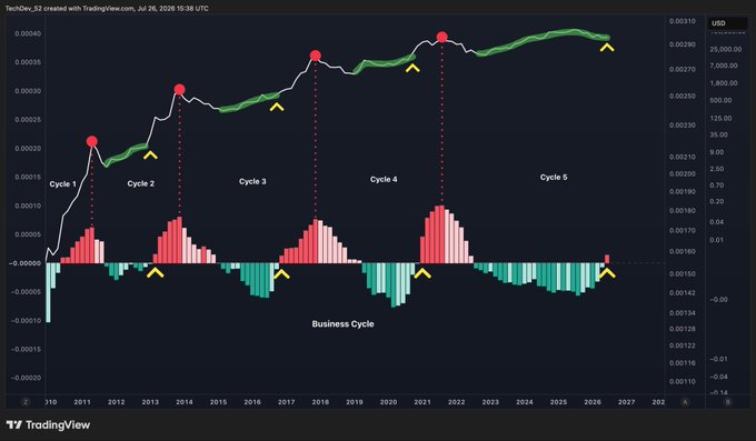 A TradingView chart from July 26, 2026, displays Bitcoin's (BTC) price action mapped against a business cycle indicator, showing five historical cycles from 2011 to 2027 with red peaks and yellow trough markers, suggesting Bitcoin's macro cycles align with traditional economic cycles ahead of the projected Cycle 5 peak. The chart visually supports the post's bullish thesis by illustrating how BTC has historically peaked following midterms, implying a potential rally toward $10 for $CASHCAT alongside BTC, ETH, and HOOD.