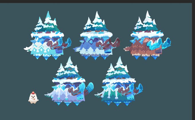Five variations of a snow-covered creature concept design (likely the boss referenced in the post) are displayed in a grid, with a small red-hatted bird character included for scale in the bottom left.

The image showcases concept art variations for an upcoming boss enemy in Atia's Legacy, featuring a frost/ice-themed creature design, prompting players to guess its name in the replies.