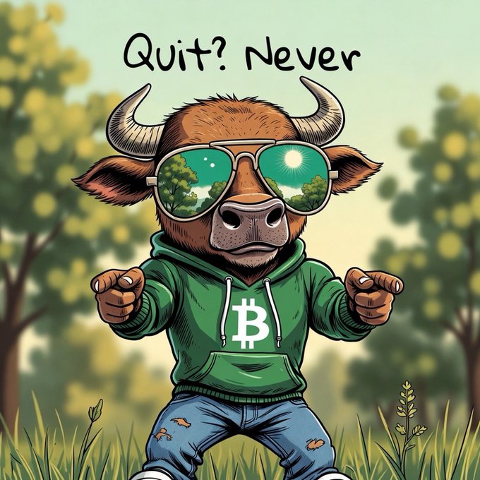 The image features a cartoon bull wearing sunglasses, a green hoodie with a white "B", and blue jeans. The bull has horns and is standing in a grassy field surrounded by trees. In the background of the image, there are words that read "Quit? Never". This suggests that the post might be promoting an anti-quitting attitude or discouraging people from giving up on their goals.

The bull's attire includes sunglasses, which could symbolize a desire to avoid eye contact with reality and pretend everything is fine. The green hoodie with a white "B" represents a sense of power or control over one's life, while the blue jeans signify a casual, laid-back attitude. Overall, the image conveys a message about perseverance and determination in the face of challenges.