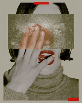The image is a surreal artistic collage featuring a person whose eyes are obscured by a band of shimmering gold glitter, while their hand is raised to cover their mouth, with striking red lipstick visible on their fingers. The dark hair, beige turtleneck sweater, and bold red accents create a moody, high-fashion aesthetic that aligns with the post's celebration of digital art on the Tezos blockchain for #tezostuesday.