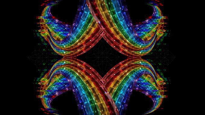 A symmetrical digital artwork displays intricate, rainbow-colored ribbon-like patterns arranged in mirrored curves against a black background.