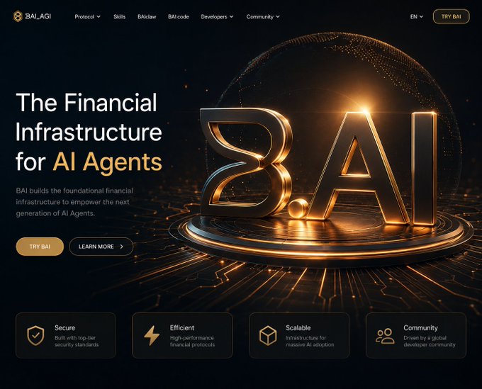 A website homepage for BAI.AGI titled "The Financial Infrastructure for AI Agents" featuring a large golden 3D "BAI" logo, with the context explaining how AI agents could automate insurance by triggering smart-contract payouts from real-world data, aligning with BAI's focus on efficient financial infrastructure for AI.