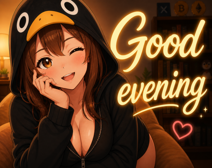 The image features a woman wearing a black hoodie with a penguin design, sitting on a couch and smiling at the camera. The background of the image includes a lamp that casts a warm glow over her face, creating an inviting atmosphere. The caption "Good evening everyone" is written in yellow letters above the woman's head, suggesting a connection to the concept of good evening or a shared experience among people who have seen this image.