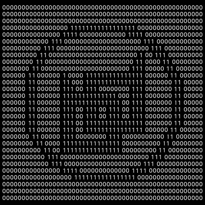 An ASCII art image using zeros, ones, and spaces that forms the shape of a stylized letter 'B' or similar character on a black background.