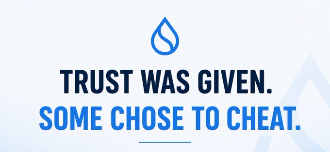 A blue water droplet logo sits above the bold text "TRUST WAS GIVEN. SOME CHOSE TO CHEAT." The image visually reinforces the post's message that while Sui Foundation and Mysten Labs provided funding and infrastructure opportunities, some teams misused that trust through dishonest actions.