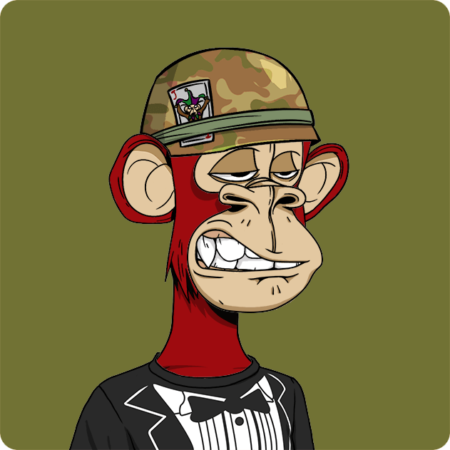 A cartoon monkey character wearing a camouflage hat with a joker card, a black tuxedo jacket, and a bow tie grins against an olive green background.