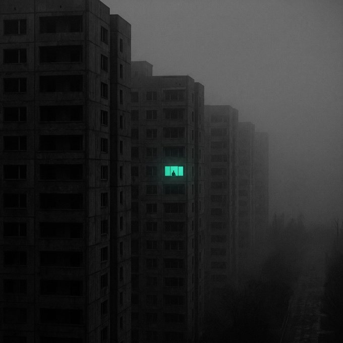 A dark, atmospheric image of a large apartment complex at night in the fog, with a single window glowing teal showing the silhouette of a person.