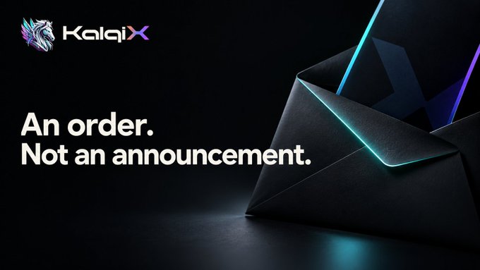 Dark promotional banner for "KalqiX" featuring glowing neon envelope graphics and the text "An order. Not an announcement."