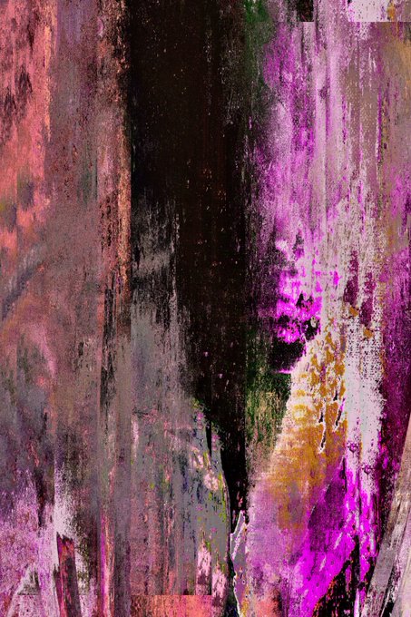 An abstract painting featuring textured brushstrokes in shades of purple, pink, black, gray, and green.