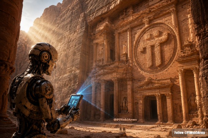 A digital artwork showing a robot examining an ancient stone temple with a glowing tablet, displaying a 'pi' symbol carved into the rock face.