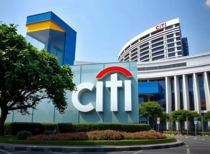 A photograph of a modern Citi office building complex with a large Citi logo sign in the foreground surrounded by landscaped gardens.