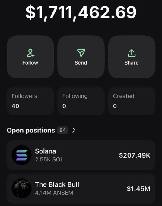 The image shows a portfolio screen displaying a total balance of $1,711,462.69 with 40 followers, 84 open positions, including holdings of 2.55K Solana ($207.49K) and 4.14M ANSEM's "The Black Bull" token ($1.45M), likely shared to demonstrate wealth and credibility for a SOL giveaway contest requiring participants to follow, like, and retweet.