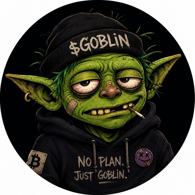 An illustrated cartoon goblin character wearing a beanie labeled '$GOBLIN' and a hoodie reading 'NO PLAN. JUST GOBLIN.', with a Bitcoin logo patch and a cigarette in its mouth.