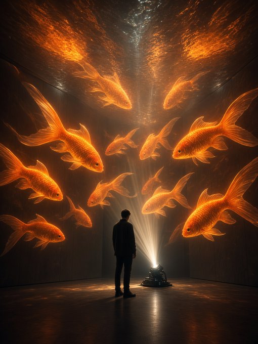 A digital artwork of a silhouetted figure standing before a glowing light source in a dark room, with numerous large, bright orange koi fish swimming through the illuminated space.