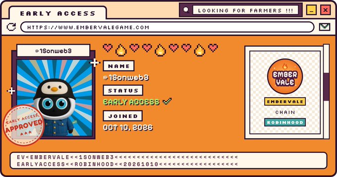 Ember Vale Early Access profile card for user @1sonweb3 (joined Oct 10, 2028), featuring a penguin avatar and Robinhood chain.