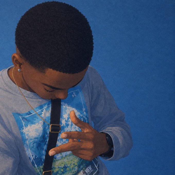 A young person with short curly hair, wearing a light blue long-sleeve shirt featuring a cloud-patterned graphic (with "VIEW" visible on it), looks down at their hand forming a finger gun gesture against a solid blue background—complementing the casual "good morning frens, have a great thursday" greeting with its relaxed, stylized vibe.